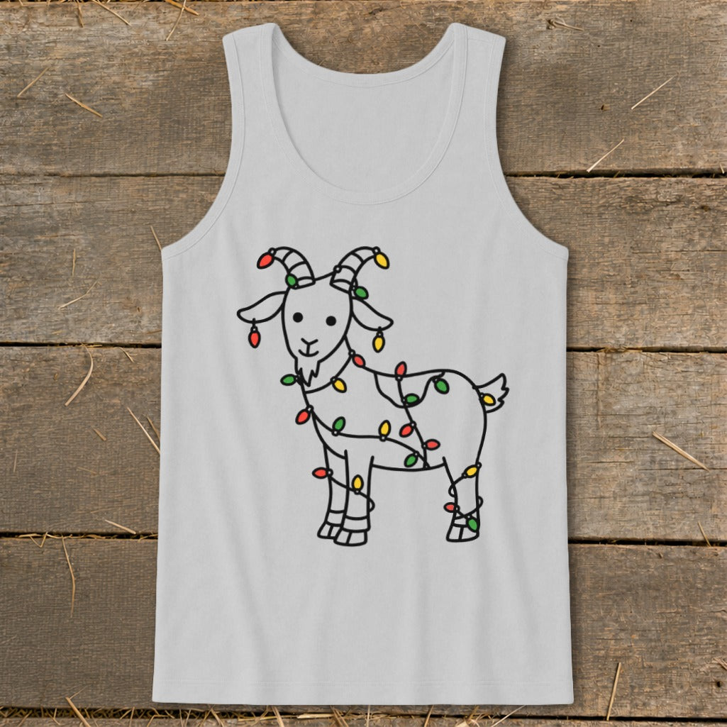 Light gray tank top with a cartoon goat wrapped in colorful Christmas lights.