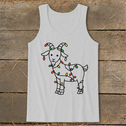 Light gray tank top with a cartoon goat wrapped in colorful Christmas lights.