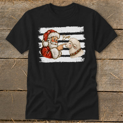 Santa boops a sheep's nose on a black t-shirt with white stripes and "Boop" text.