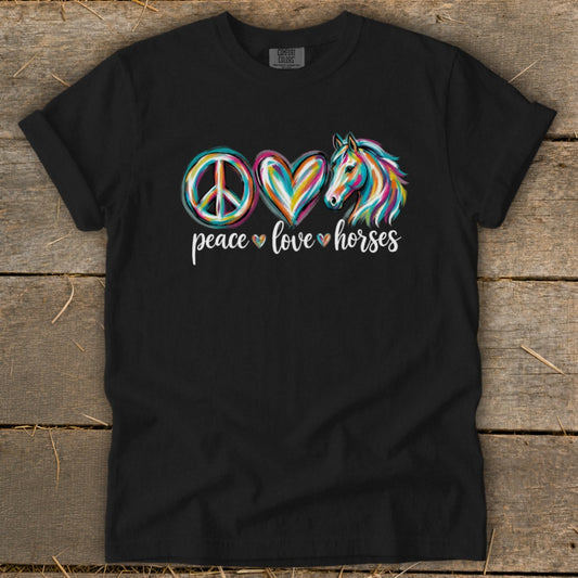 Black t-shirt with peace symbol, heart, and colorful horse graphic with text "peace love horses".