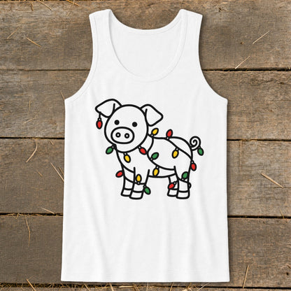 A white tank top with a line drawing of a pig tangled in Christmas lights, laid flat on a rustic wooden background.