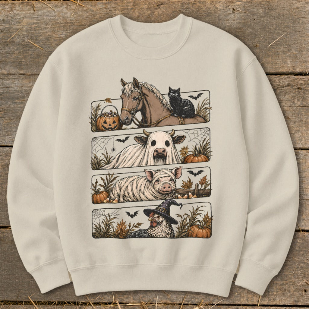 Halloween themed sweatshirt with horse, cow, pig, and chicken dressed in costumes.