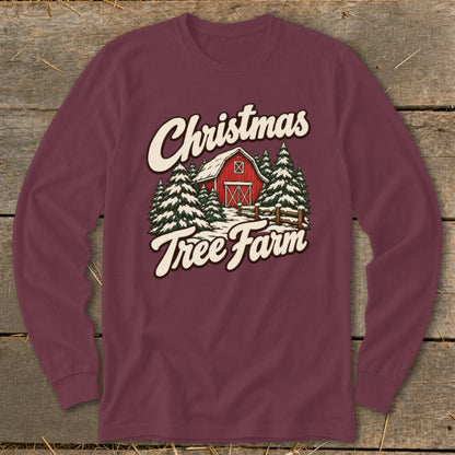 Maroon long sleeve shirt with "Christmas Tree Farm" text and barn and tree graphic.