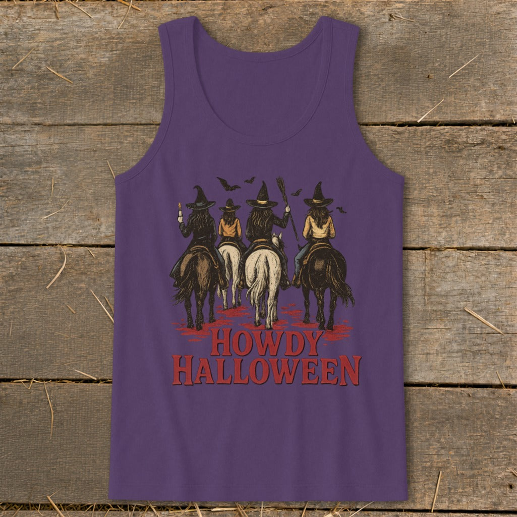 Four witches ride horses with bats above and "Howdy Halloween" text.