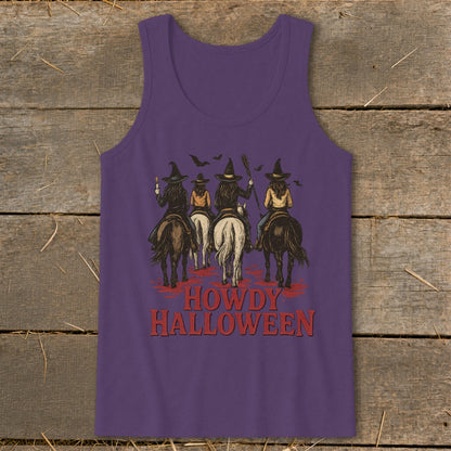 Four witches ride horses with bats above and "Howdy Halloween" text.