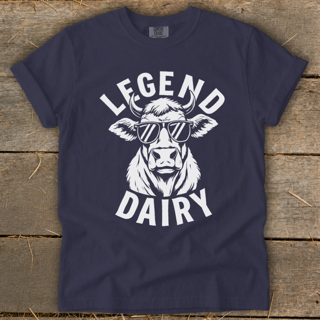 Navy t-shirt with "LEGEND DAIRY" text and a cow wearing sunglasses.