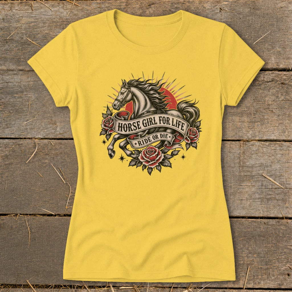 Yellow t-shirt with a horse, roses, and text "Horse Girl For Life Ride or Die".