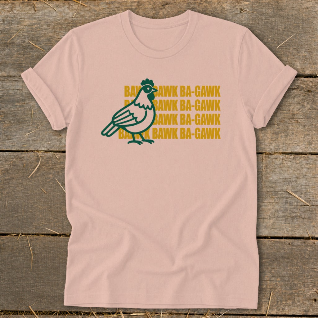 Pink t-shirt with green chicken graphic and repeating "BAWK BA-GAWK" text.