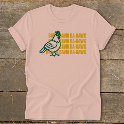 Pink t-shirt with green chicken graphic and repeating "BAWK BA-GAWK" text.