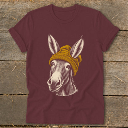 Maroon t-shirt with a drawing of a donkey wearing a yellow beanie.