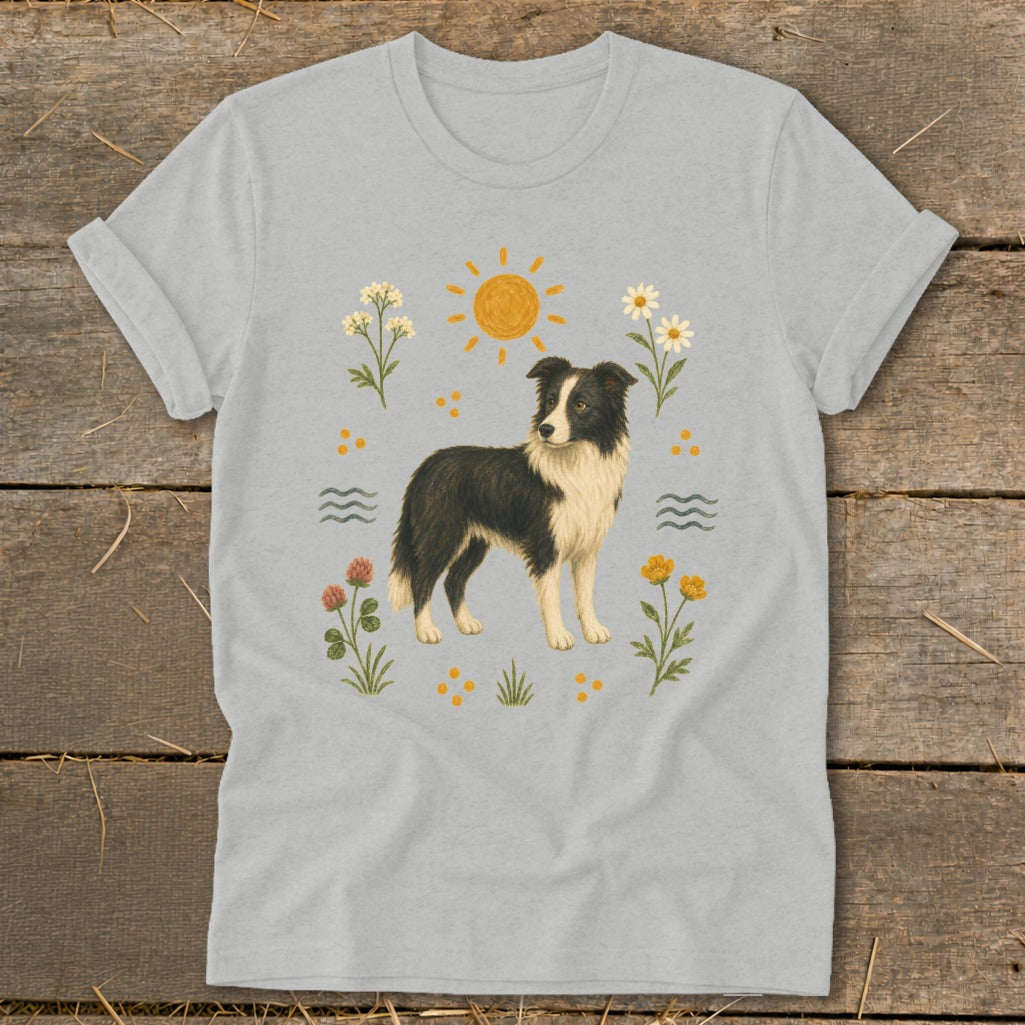 Grey t-shirt with illustration of a black and white border collie surrounded by flowers.
