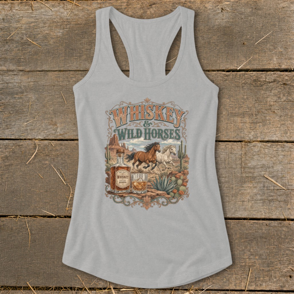 Grey tank top with "Whiskey & Wild Horses" graphic featuring horses, whiskey bottle, and desert scene.