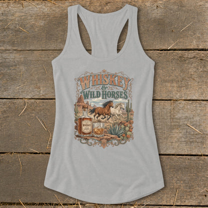 Grey tank top with "Whiskey & Wild Horses" graphic featuring horses, whiskey bottle, and desert scene.
