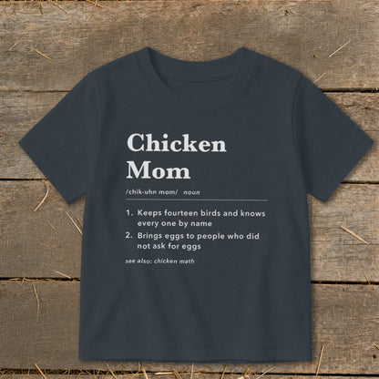 Dark grey t-shirt with "Chicken Mom" definition printed in white text.