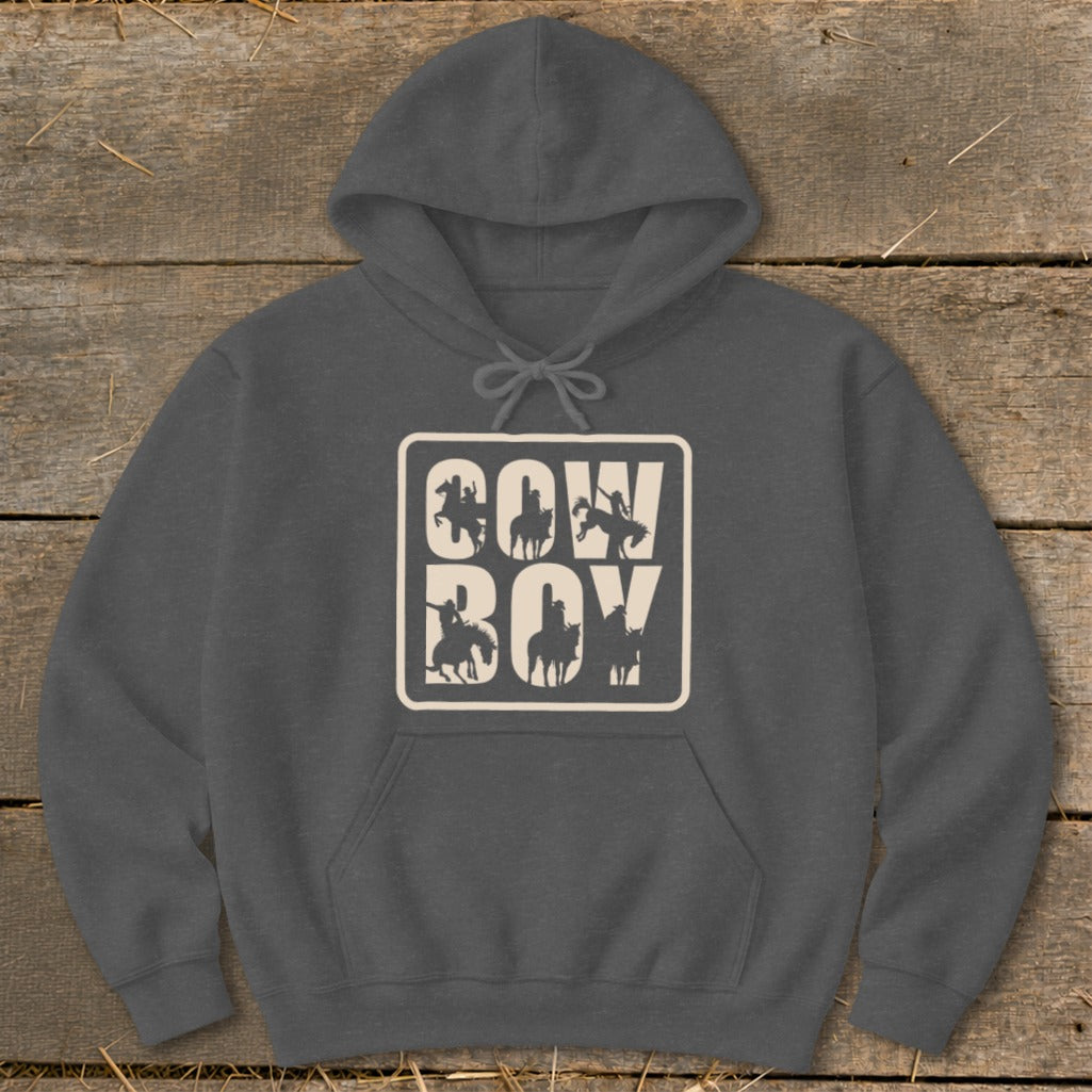 Gray hoodie with "Cowboy" text and cowboy silhouettes within a frame.
