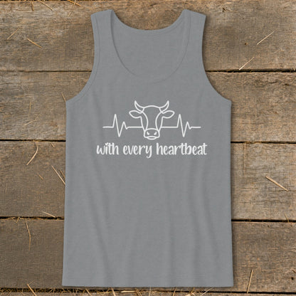 Grey tank top with white cow and heartbeat graphic and text "with every heartbeat".