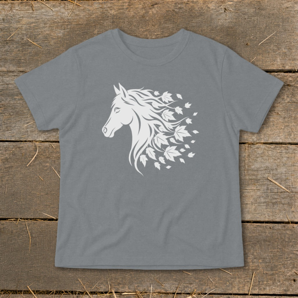 Grey t-shirt with a white horse head graphic flowing into falling leaves.