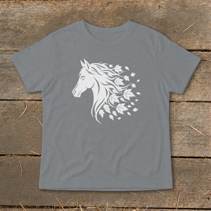 Grey t-shirt with a white horse head graphic flowing into falling leaves.