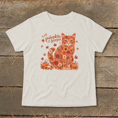 Cat made of fall flowers with "Pumpkin Season" text and autumn leaves.