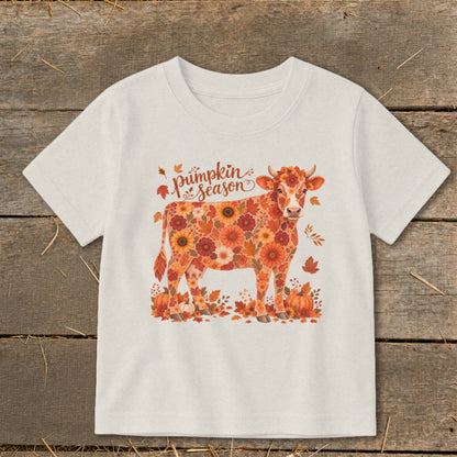Cow graphic made of autumn flowers with "Pumpkin Season" text.