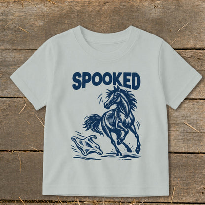 T-shirt with "SPOOKED" text and a startled horse with a ghost.