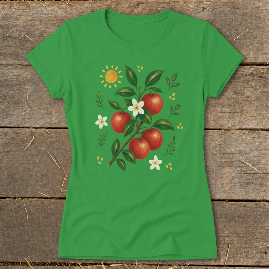 Green t-shirt with a stylized apple branch, white flowers, and yellow sun graphic.