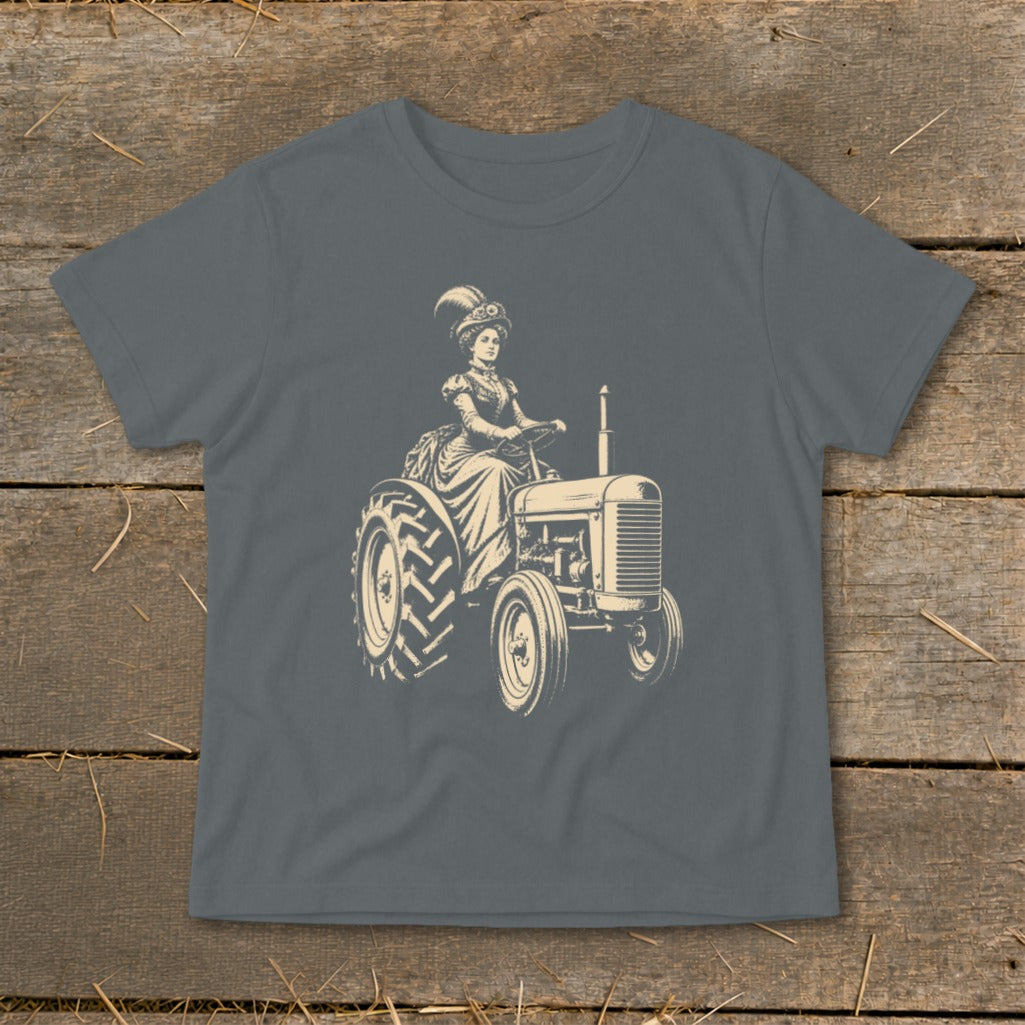Illustration of a woman in vintage dress and hat driving a tractor.