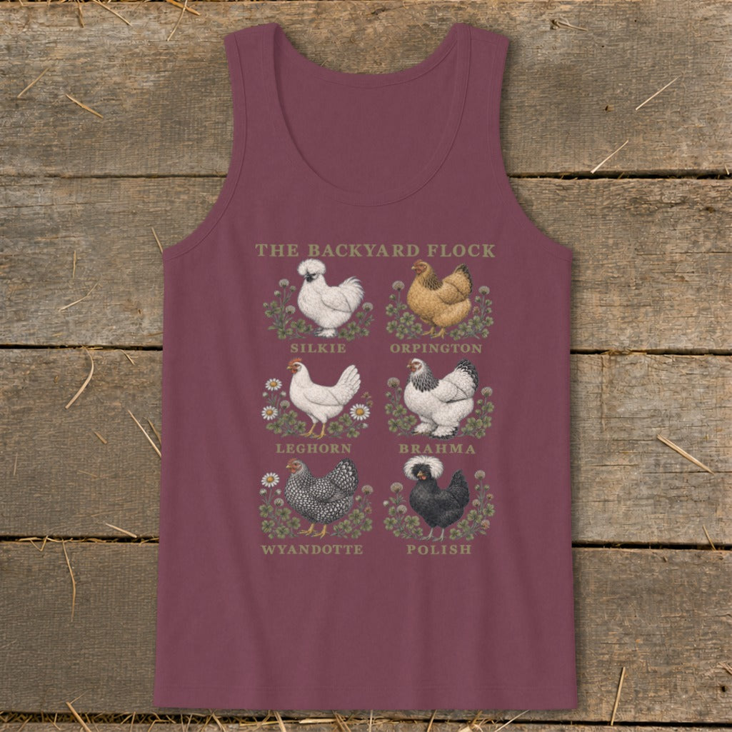The Backyard Flock graphic on a maroon tank top features six chicken breeds.