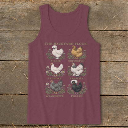 The Backyard Flock graphic on a maroon tank top features six chicken breeds.