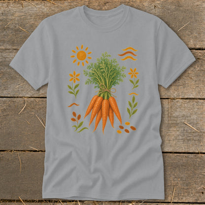 Grey t-shirt with a bouquet of carrots, sun, and floral designs.