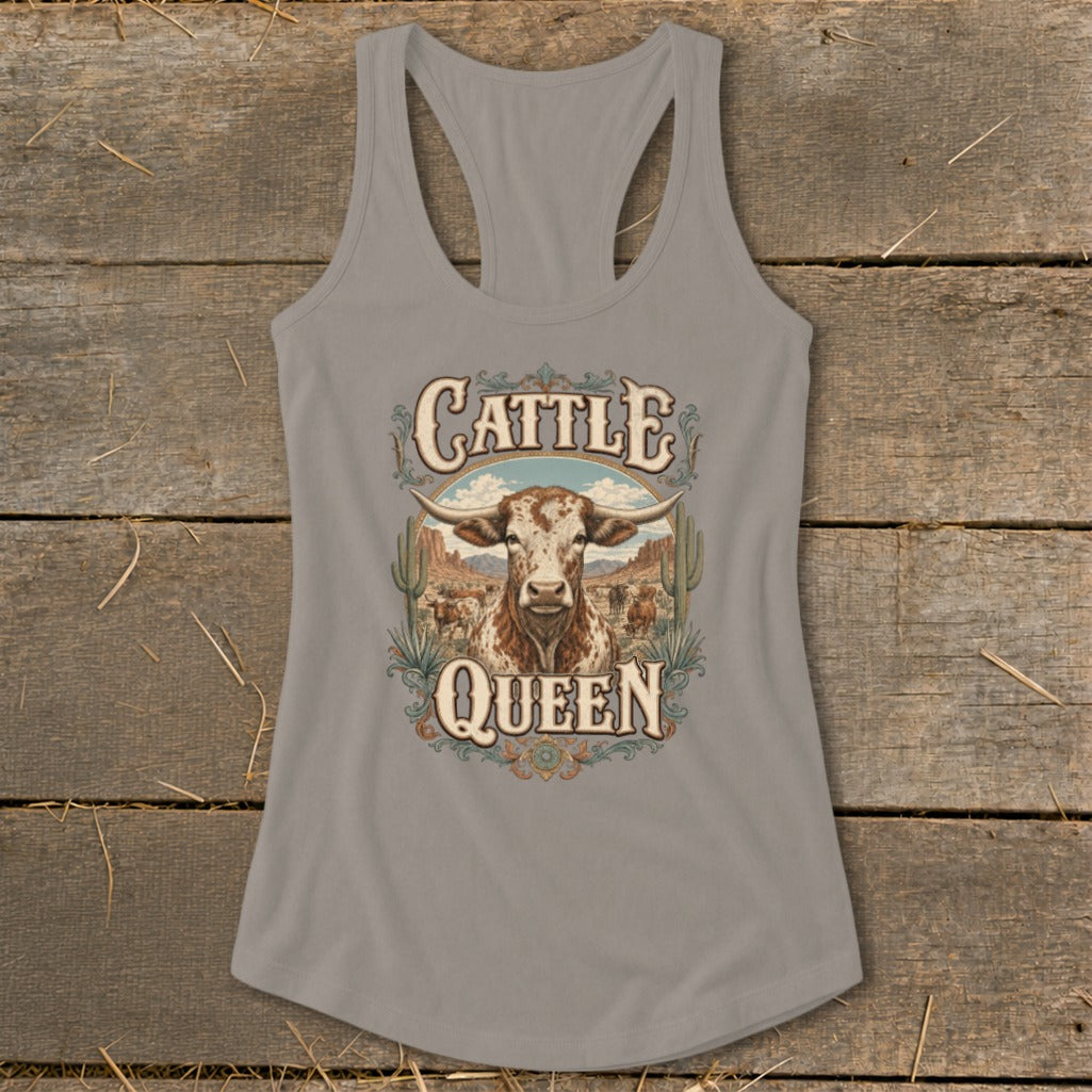 Grey tank top with a "Cattle Queen" graphic featuring a longhorn steer in a western landscape.