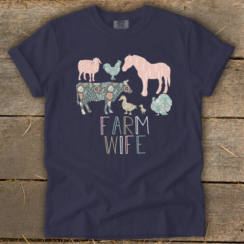 Navy t-shirt with "Farm Wife" text and assorted farm animals in pastel colors.
