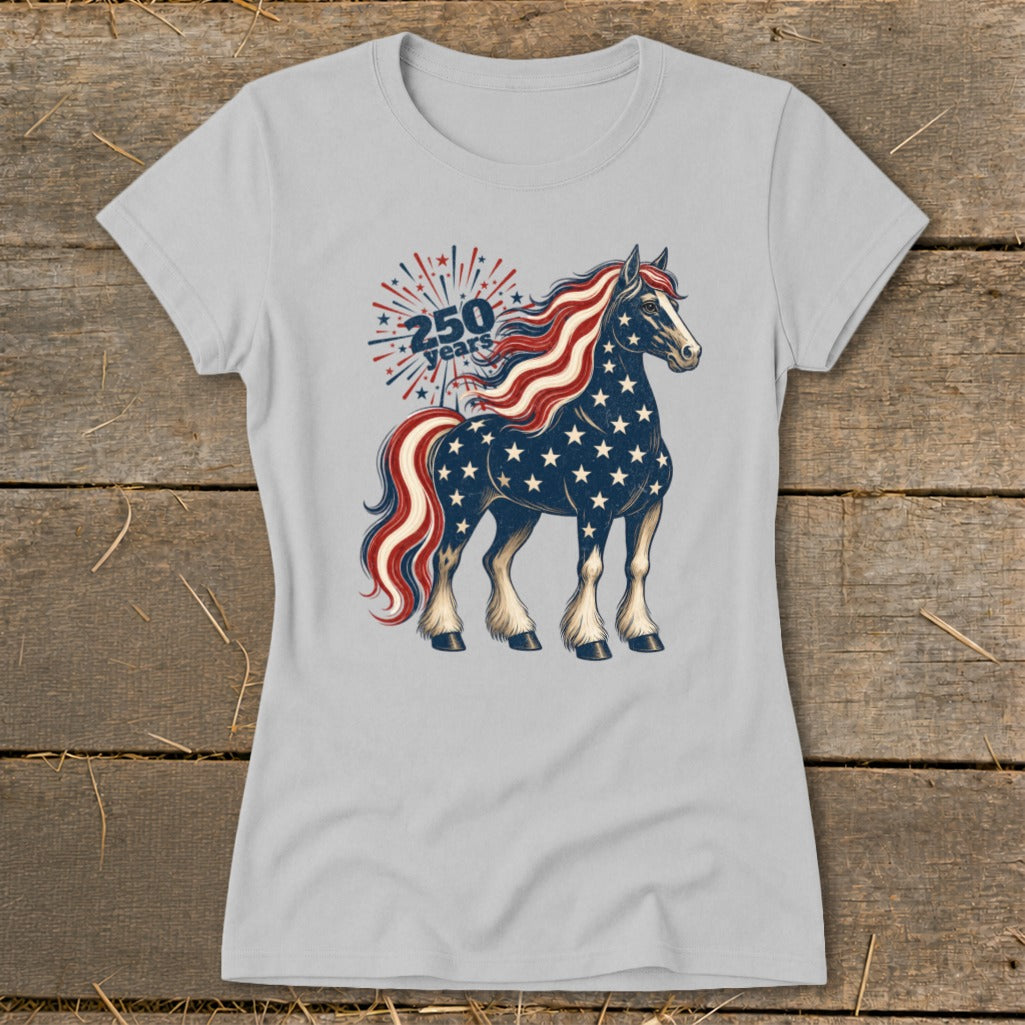 Light grey t-shirt with a patriotic horse graphic and "250 years" text.
