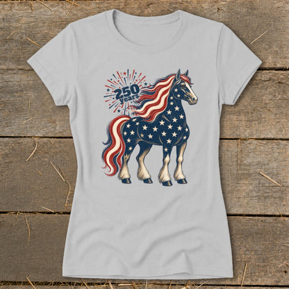 Light grey t-shirt with a patriotic horse graphic and "250 years" text.