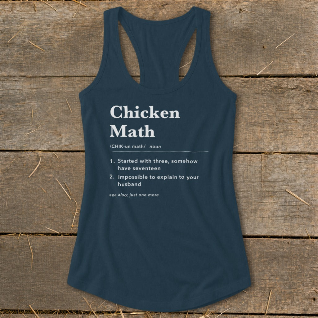 Navy tank top with "Chicken Math" definition and humorous descriptions.