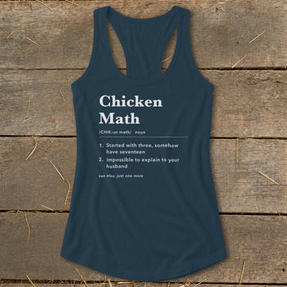 Navy tank top with "Chicken Math" definition and humorous descriptions.