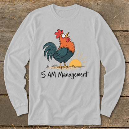 Rooster crowing at sunrise graphic with text "5 AM Management."