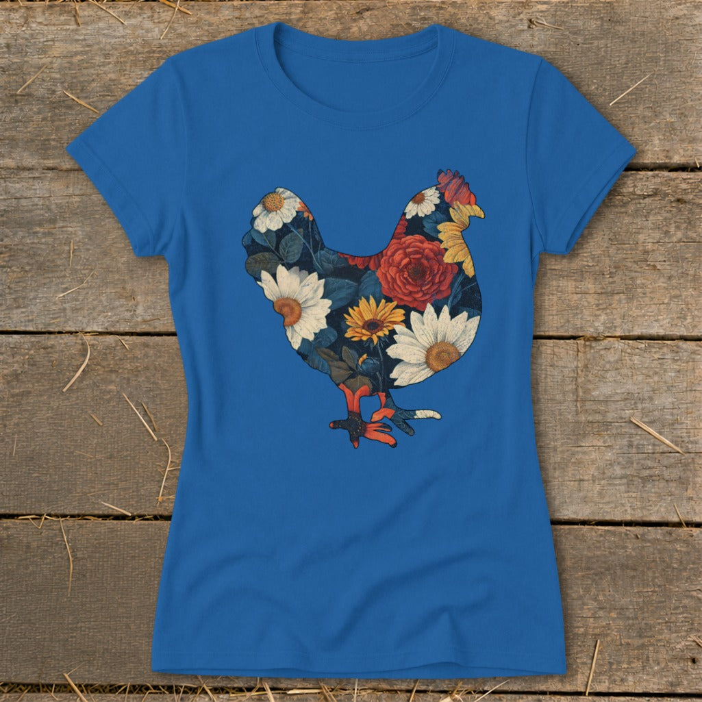 Blue t-shirt with a chicken silhouette filled with colorful flowers.