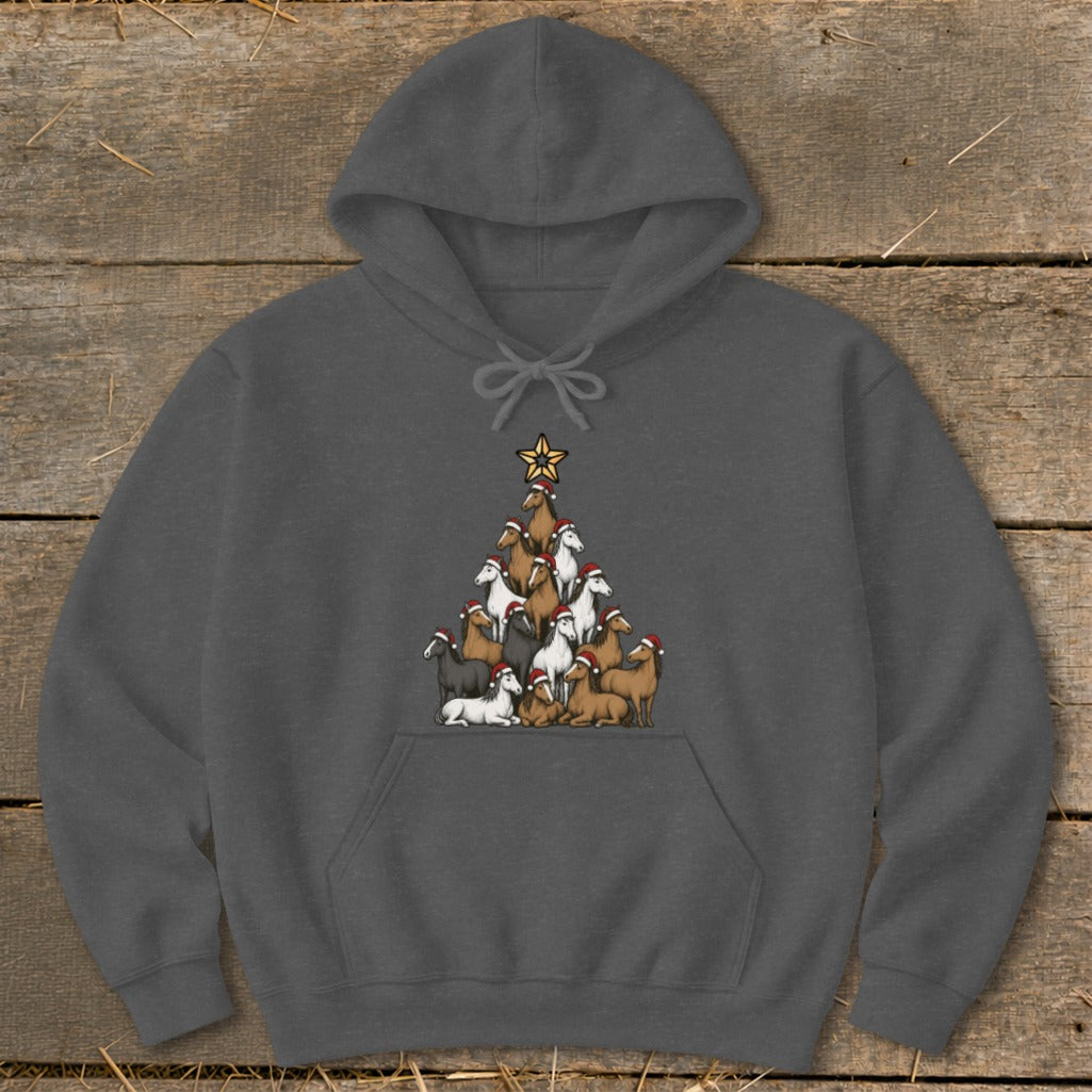 Dark gray hoodie with a Christmas tree shape made of horses wearing Santa hats.
