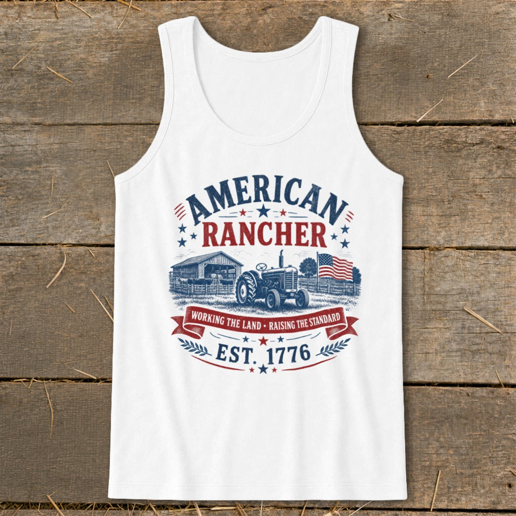 White tank top with "American Rancher" graphic featuring a tractor and barn.