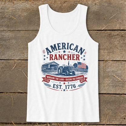 White tank top with "American Rancher" graphic featuring a tractor and barn.