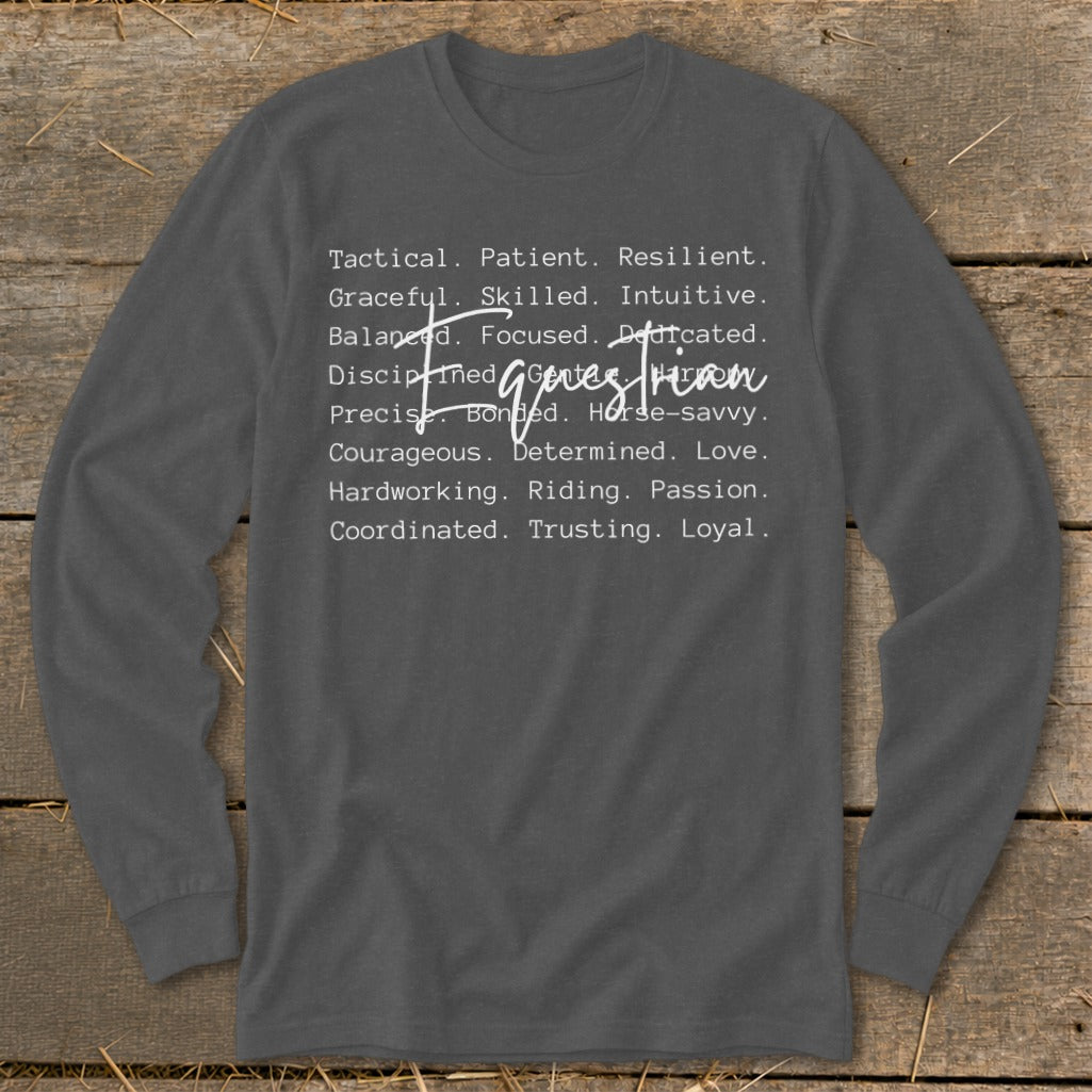 Long sleeve shirt with white text "Equestrian" and list of descriptive words.