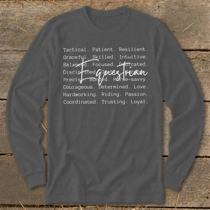 Long sleeve shirt with white text "Equestrian" and list of descriptive words.