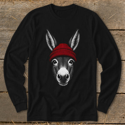 Black long-sleeve t-shirt featuring a graphic print of a donkey wearing a red beanie.