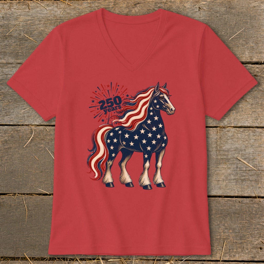 Red t-shirt with patriotic horse graphic and "250 years" text.