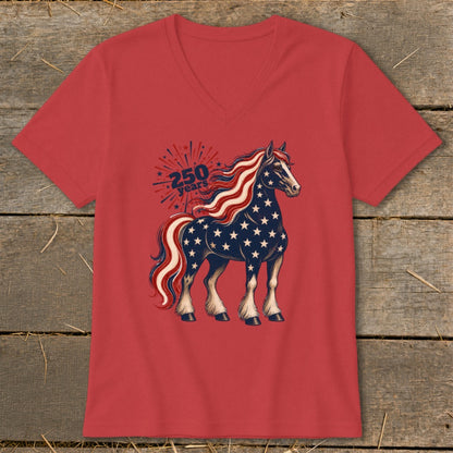 Red t-shirt with patriotic horse graphic and "250 years" text.