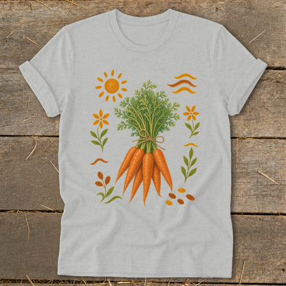 Gray t-shirt with a central illustration of a bunch of carrots surrounded by flowers, sun, and wavy lines.