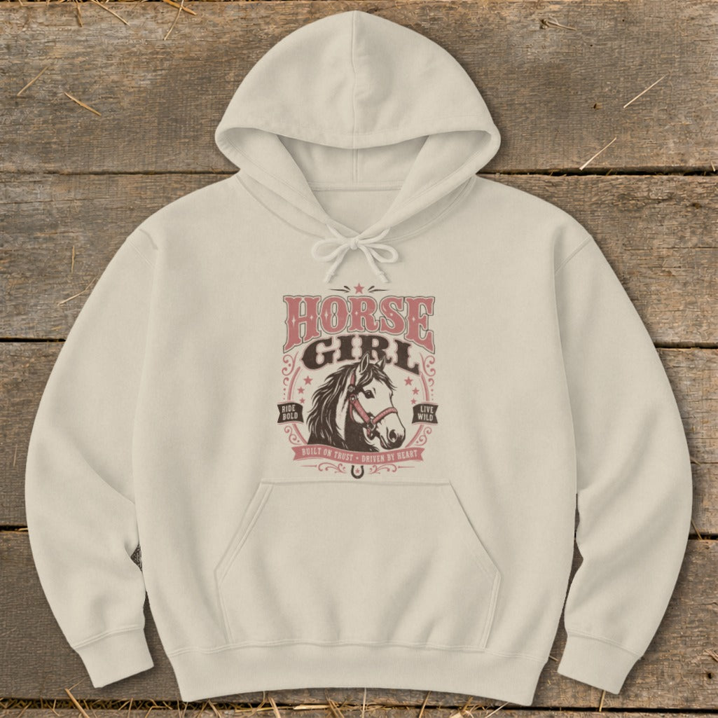 Cream hoodie with "Horse Girl" graphic featuring a horse head, stars, and text.