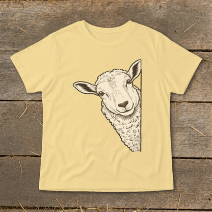 Light yellow t-shirt with a sheep peeking from the right side.