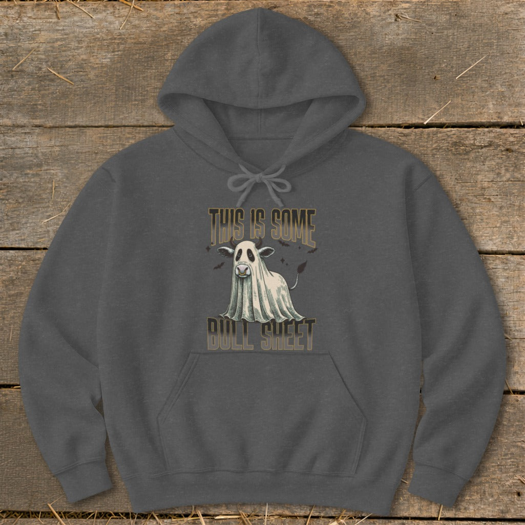 Dark grey hoodie with "This Is Some Bull Sheet" text and ghost cow graphic.